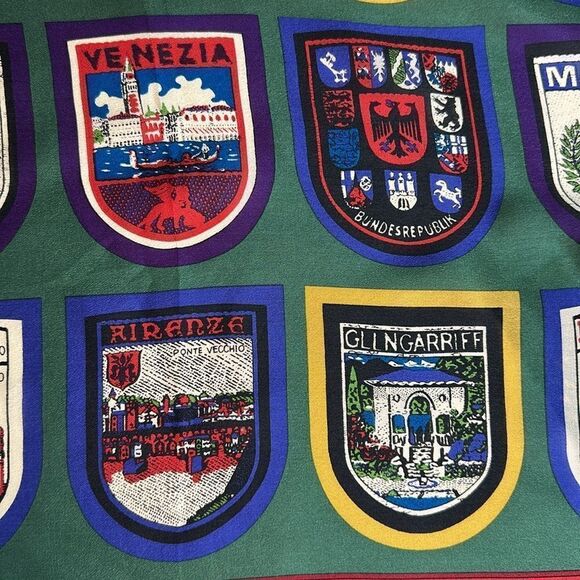 Ellen Tracy Silk Square Scarf Italian Cities Print Blue Green - Picture 8 of 9